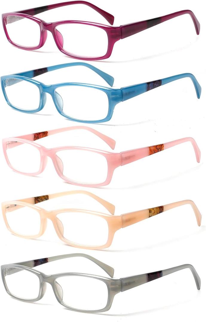 Kerecsen Reading Glasses 5 Pairs Fashion Ladies Readers Spring Hinge with Pattern Print Eyeglasses for Women (Mix Color -9, 1.50)