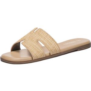 Rihero Women's Dressy Flat Sandals Comfortable Slip On Leather Slide Sandals (7.5, Raffia)