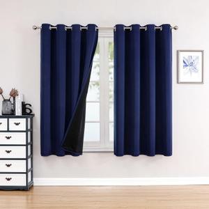 ChrisDowa 100% Blackout Curtains for Bedroom with Black Liner, 2 Thick Layers Total Blackout Thermal Insulated Grommet Window Curtains 2 Panels Set (Navy Blue, 52 x 63 Inch)