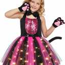 Black Cat Costume for Girls LED Light Up Dress with Ears Headband Lavaliere Claw Holder Tail Bowtie Tutu