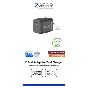 ZGear 2 Port Adaptive Fast Charger, For iPhone, iPad, Android, and More, 30 Watts of Power, for USB C and USB Charger