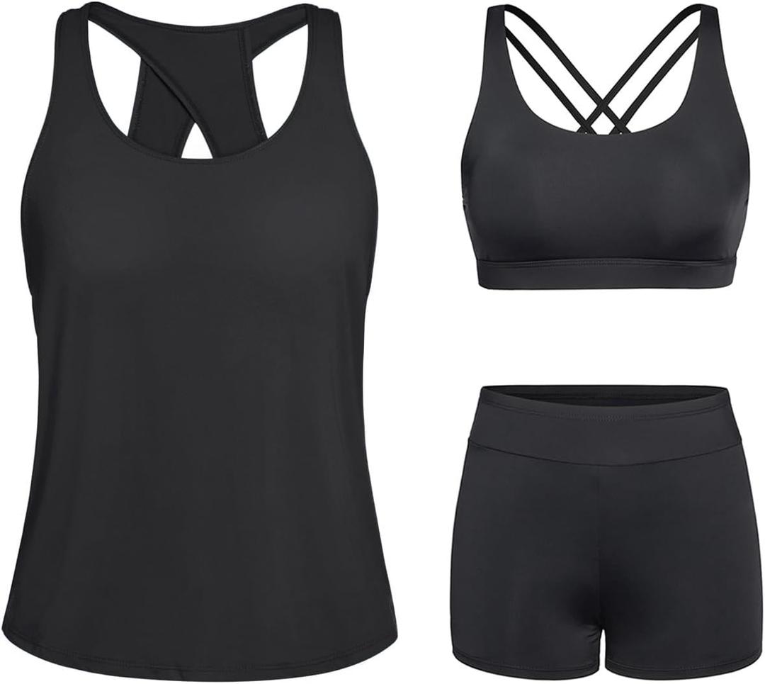 Tempt Me Black 3 Piece Tankini Swimsuits for Women Athletic Bathing Suits Swim Tank Top with Boy Shorts and Bra Modest Swimwear, M