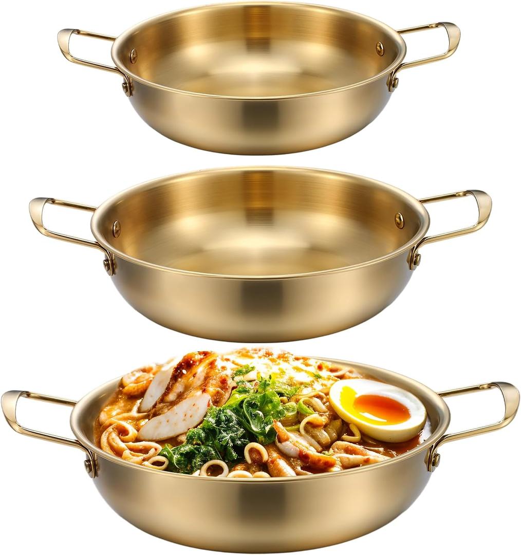 3 Korean Ramen Noodle Pot with Handles, Stainless Steel Everyday Pan, Golden Korean Cooking Pot for Soup, Noodle, Pasta, Home and Outdoor, Dishwasher Safe, Size 7", 8.7", 9.5"