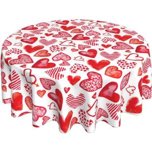 Valentines Day Round Tablecloth 60 Inch Red Heart Table Cloth Water Resistant Washable Polyester Valentine's Day Table Cover for Kitchen Dining Table Party Decor