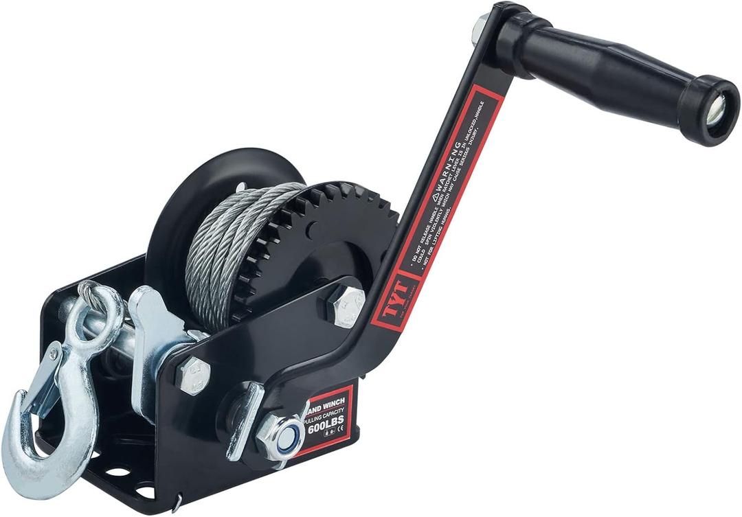 TYT 600LB Boat Trailer Winch with 6M Steel Wire, Hardened Steel Gear Heavy Duty Hand Winch, Operated Two-Way Ratchet Cable Winch, Ratio 3.2:1 Crank Small Winch for ATV UTV Marine Jet Ski Trailer Winch