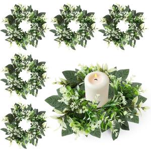 6 Pcs Eucalyptus Candle Ring 4 Inch Center Mini Kitchen Cabinet Wreaths Artificial Small Green Leaves Wreaths Garland Pillar Holder for Home Door Window Farmhouse Wedding Party Table Centerpiece Decor