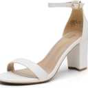 DREAM PAIRS Women's Chunk Low Heel Pump Sandals, Size 7W, White-Pu, CHUNK