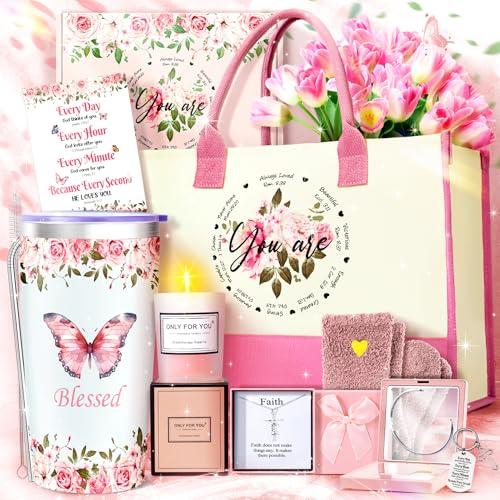 11PCS Christian Gifts for Women Faith, Inspirational Gifts for Women, Pink Birthday Spiritual Religious Basket Set,Self Care Get Well Soon Baskets for Mom,Friends,Wife,Girlfriends Valentine's Day Gift
