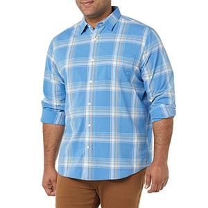 Amazon Essentials Men's Long-Sleeve Stretch Poplin Shirt, Light Blue Orange Plaid, Small