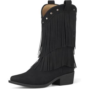 Rollda Girls Cowboy Boots with Tassel, Fringe Cowgirl Boots, Snip Toe, TPR Outsole, Kids Western Boots Stylish & Comfortable for All-Seasons, Toddler/ Little Kid/ Big Kid, Black, Size: 4 Little Kid