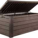 Keter Westwood 150 Gallon Deck Box Organizer, Doubles as 2-Person Bench Seat, Brown  Large Resin Outdoor Storage and Seating with Lockable Lid for Garden, Pool, and Patio