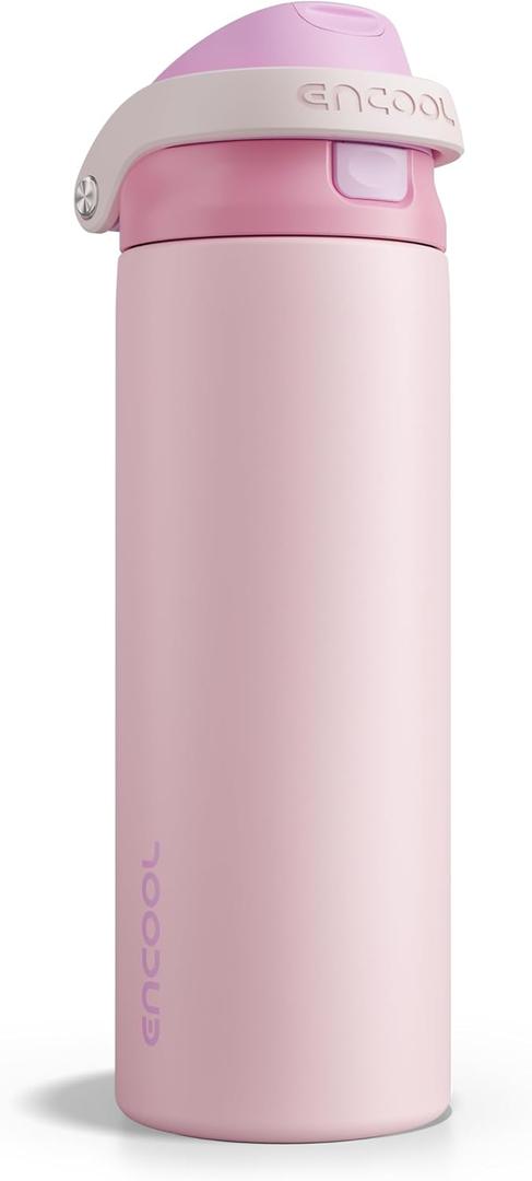 ENCOOL Leakproof Insulated Water Bottle with Straw Dual-Sip Water Bottle Bag-Safe Design for Work, Commute & Gym – Keeps Drinks Cold All Day, 24 oz, Macaron Pink