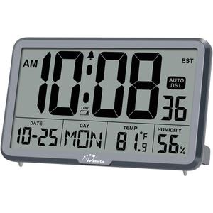 WallarGe Auto Set Digital Wall Clock Battery Operated, Desk Clocks with Temperature, Humidity and Date, Large Display Digital Calendar Alarm Clock for Elderly, Bedroom, Office, 8 Time Zone, Auto DST. (Gray)