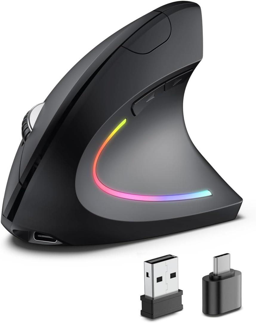 Ergonomic Wireless Rechargeable Mouse, Bluetooth+USB A+Type C(3 in 1) Connection, 5 Levels Up to 4800 DPI, 6 Silent Buttons, 2.4GHz Carpal Tunnel Vertical Mice, for Laptop, Desktop, MacBook-black