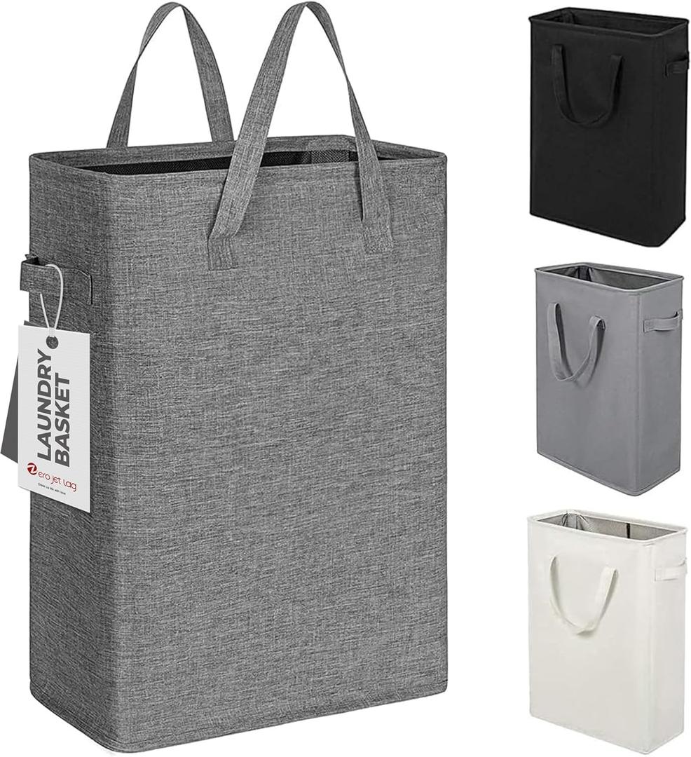 ZERO JET LAG Slim Laundry Hamper With Handles Collapsible Laundry Basket Thin Dirty Clothes Basket Narrow Laundry Bag Foldable Dirty Cloth Hamper 45L (24 inches,Dark Grey)