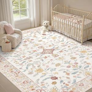 Nursery Rug 8x10 for Kids & Girls - Washable Vintage Large Floral Pink Area Rugs - Ultra Thin Stain Resistant Non Slip Carpets for Kids Playroom, Living Room, Bedroom, Dining Room, Office - Pink