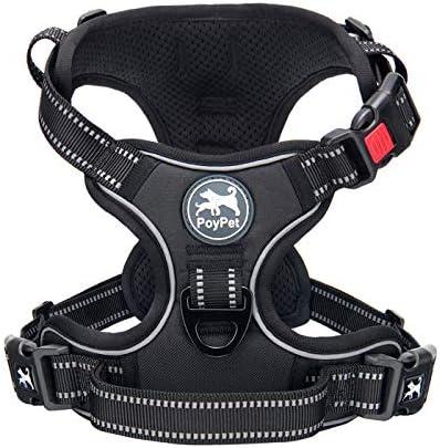 PoyPet No Pull Dog Harness, No Choke Front Clip Dog Reflective Harness, Adjustable Soft Padded Pet Vest with Easy Control Handle for Small to Large Dogs(Black,M)