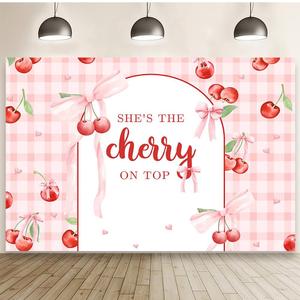 MEHOFOND 7x5ft She's The Cherry on Top Baby Shower Backdrop for Girl Cherry Theme Coquette Bridal Shower Decorations Bow Party Decor Cherry Bride to Be Engagement Party Decor Birthday Photobooth Props