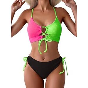 B2prity Women's Sexy Bikini Set Color Block Lace Up 2 Piece Bathing Suit Tie Side Swimsuit (Tie Side Swimsuit L)
