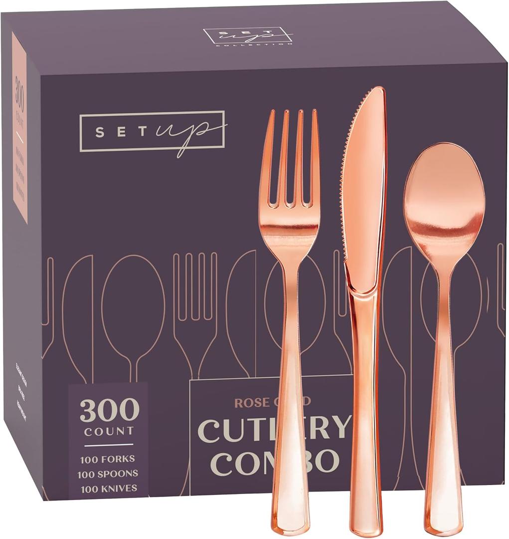 SETUP [300 Count] Disposable Silverware, Rose Gold Combo Cutlery - 100 Forks, 100 Spoons, 100 Knives - Heavy Duty, and Durable Rose Gold Plastic Silverware Set Great for Parties, Events, Everyday use