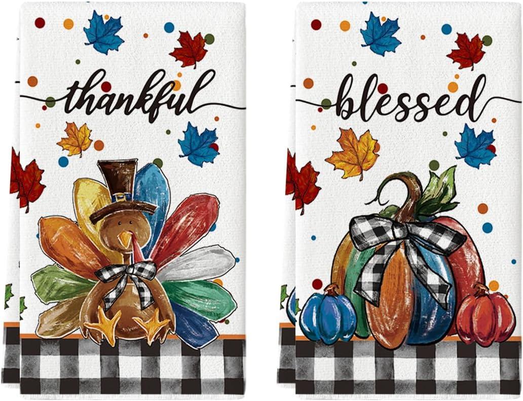 Artoid Mode Buffalo Plaid Turkey Thanksgiving Kitchen Towels Dish Towels, 18x26 Inch Fall Leaves Pumpkin Decoration Hand Towels Set of 2