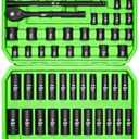 SUNHZMCKP 3/8" Drive Impact Socket Set, 52 Piece Standard SAE (5/16-3/4 inch) and Metric (8-22mm) Shallow & Deep 6 Point Sockets, 3/8-In Ratchet Handle, Extension Bars, Adapters, Universal Joint, CR-V