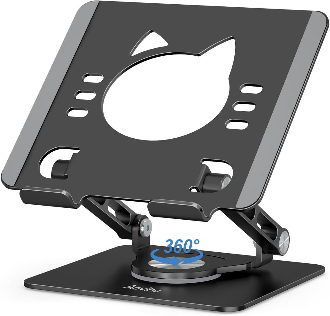 Tablet Stand 360 Rotating Aluminum Holder, Adjustable, Portable and Foldable Monitors Stand for iPads, Compatible with 4-12.9" Tablets, Ink Black