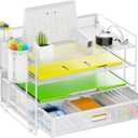 Marbrasse Desk Organizer and Accessories4-Tier Paper File Letter Tray Accessories & Workspace Desk Organizers with Drawer and 2 Pen Holders for School Home Office Supplies (White)