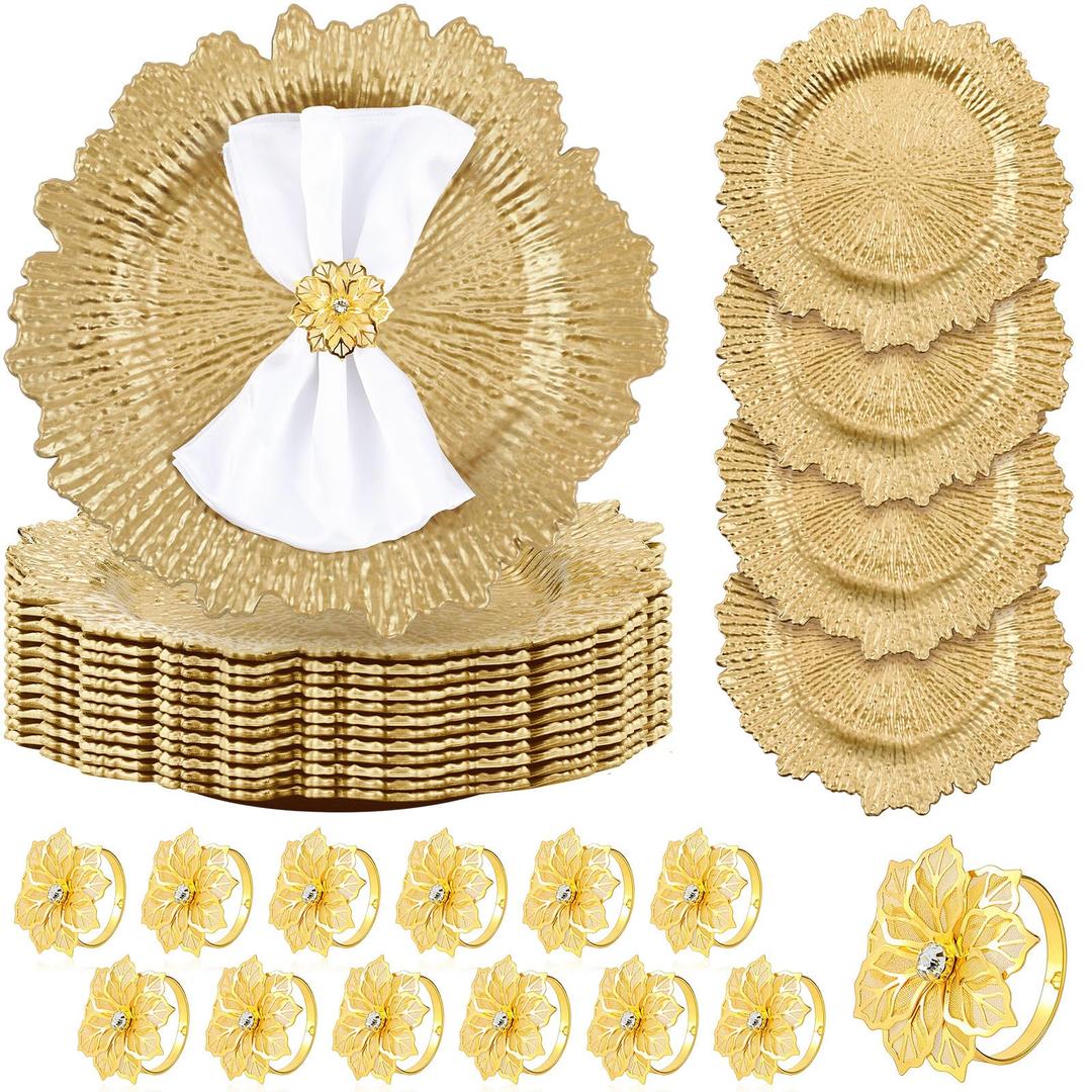 Dandat 100 Pcs Charger Plate Bulk 13'' Floral Reef Plates with Napkin Ring Plastic Dinner Charger Hollow Out Flower Napkin Holder Plastic Plate for Table Setting Wedding Party (Champagne Gold)