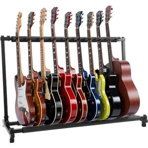 9-Space Foldable Universal Multi Guitar Stand - Portable Collapsible Instrument Floor Guitar Rack Holder w/ Foam Padding - For Acoustic, Electric, Bass Guitar & Guitar Bag / Case - Pyle PGST93