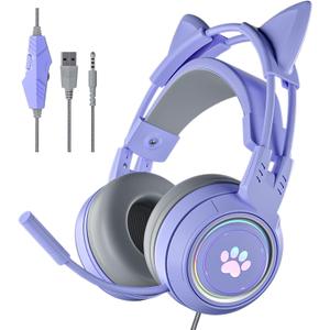 Cat Ear Headphones Purple Gaming Headset with Mic for Switch Xbox One PS4 PS5, Cute Girl Kids Wired Headphones Light up Kawaii Kitty Noise Cancelling Headphones for Gamer PC Laptop