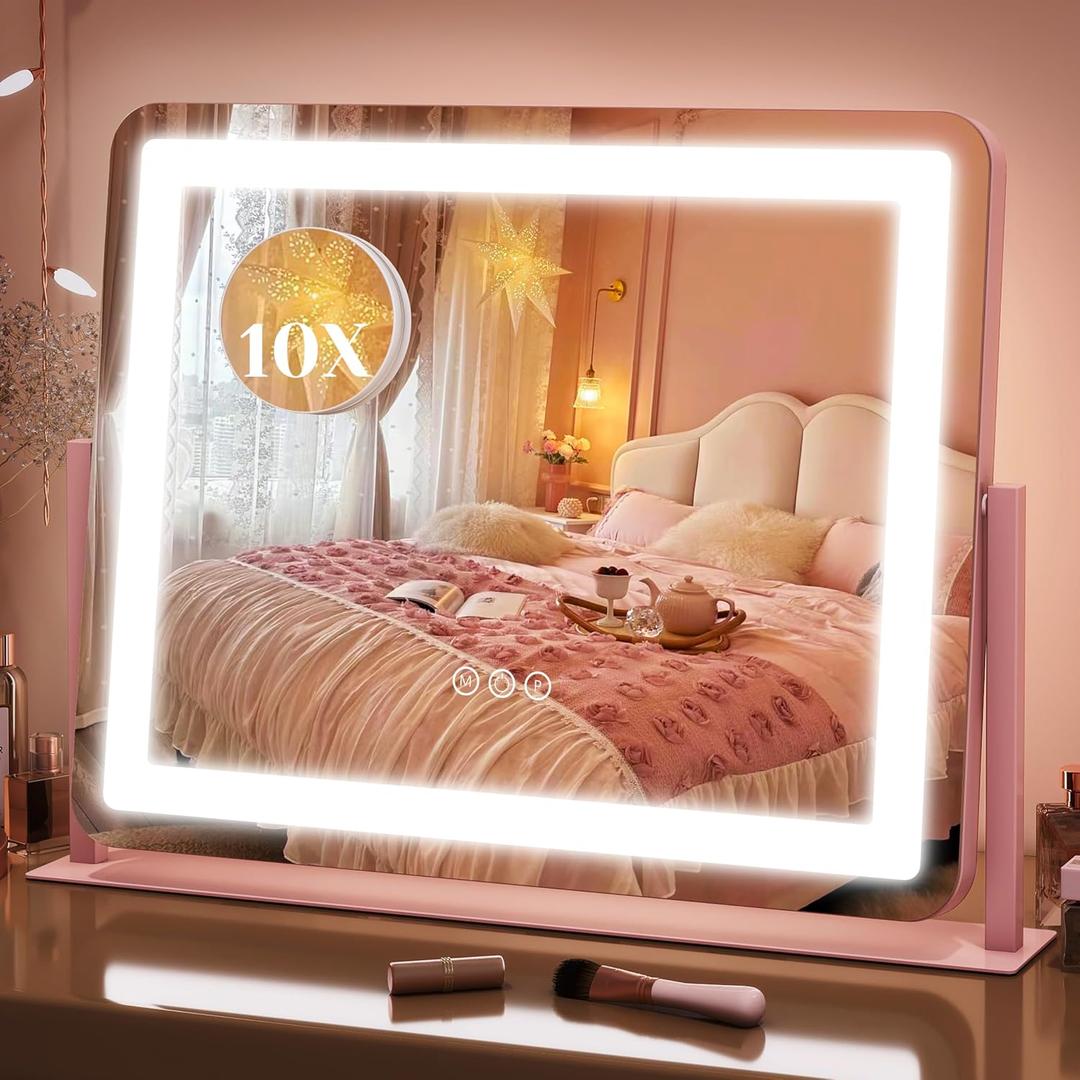 FENNIO Vanity Mirror with Lights 22''x17'' Makeup Mirror,Vanity Mirror Touch Screen with 3-Color Lighting, Dimmable, for Vanity Desk TabletopPink