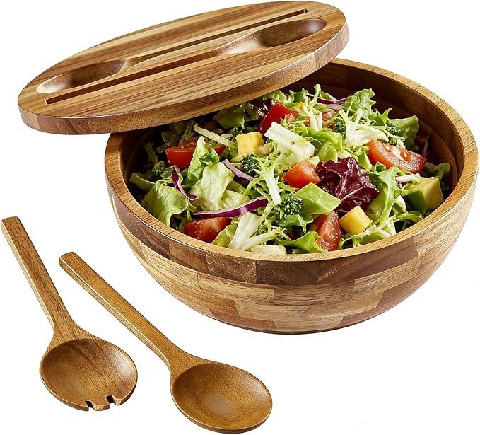 ECWAY Acacia Wooden Salad Bowl with Lid, Built-in Acacia Wood Utensils, 10.5" Large Wood Serving Bowls for Fruits, Salad, and Vegetables, Big Wood Salad Bowls Set 4-Piece, All-in-One Design