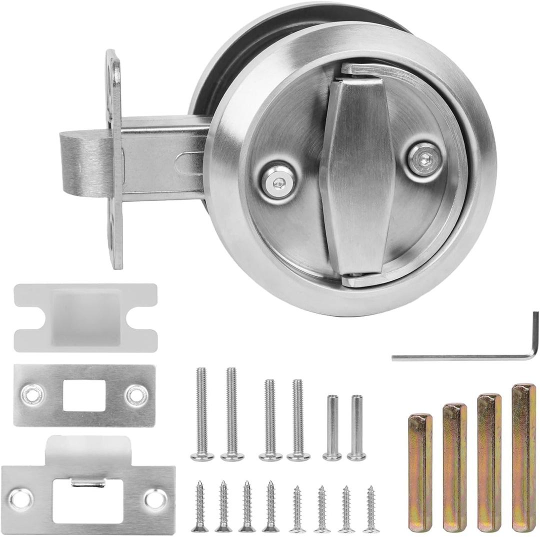 Round Pocket Door 304 Stainless Steel Flat Door Knob-Fits 1-3/16" to 1-3/4" Thick Doors, Flush Mount Handle for Bathroom & Bedroom, Easy Install (Multi-Size Screws Included)