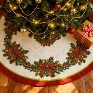 Jenaai Christmas Tree Skirt 48 Inch, Red and Green Bow Xmas Tree Mat with Holly Flower Classical Vintage Design for Home Christmas Decorations Holiday Party Indoor Outdoor Decor