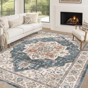Area Rug 10x14 Washable Vintage - Soft Traditional Rug for Living Room Bedroom Dining Room or Home Office -Non Slip Backing Large Rugs with Low Pile Farmhouse Oriental Retro Carpet - Blue