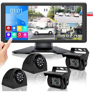 RV Backup Camera System with 10.36 4K Monitor for RV Truck Bus Trailer with 4 Rear/Side View 1080P HD Cameras 4 Splits Touch Screen DVR Recording IP69 Waterproof Bluetooth Music Video Avoid Blind