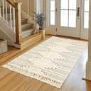 Tritard Boho Area Rug 3x5 - Woven Entryway Rugs with Tassels Farmhouse Aztec Bedroom Lightweight Throw Rugs Washable Indoor Cotton Low Pile Thin Carpet for Kitchen, Bathroom, Playroom, Beige Cream