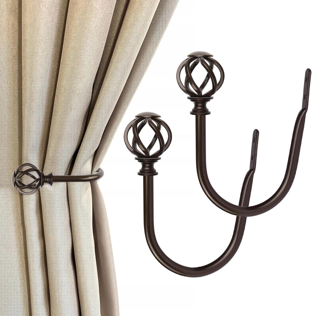 2 Pack Bronze Curtain Holdbacks, USFOOK Decorative Window Drapery Tiebacks (2 Pack/1 Pair), Curtain Tie Back Hooks for Wall with Twisted Cage Finials (3.45" L x 5.35" W)