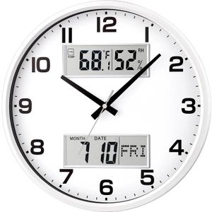 13" White Battery Powered Silent Wall Clock with Calendar Temperature and Humidity H-7326