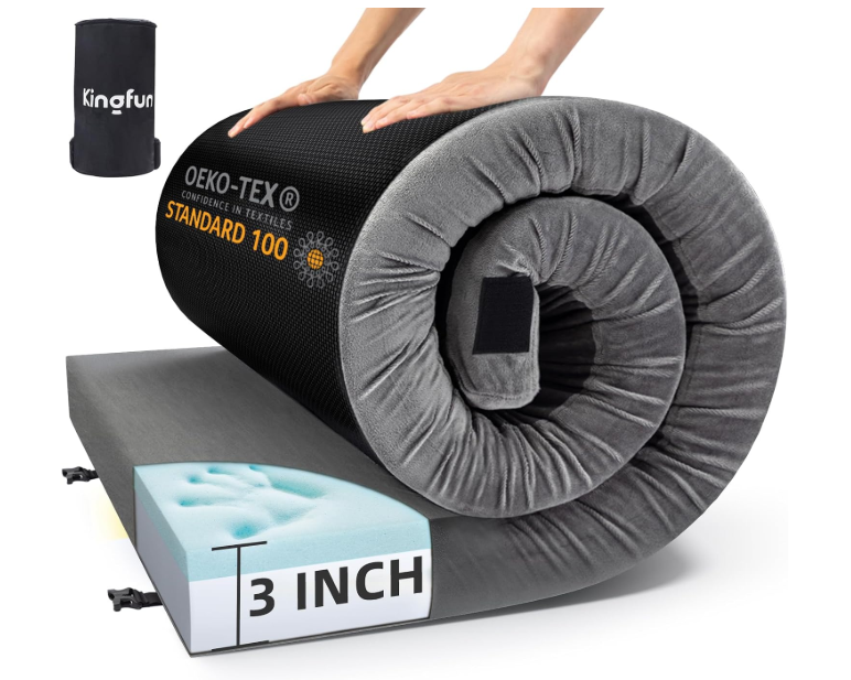 Kingfun 3 Inch CertiPUR-US Memory Foam Camping Mattress Pad, Waterproof Roll up Sleeping Pad, Thick Floor Sleeping Mats for Tent with Removable Travel Bag(Grey, Twin XL)