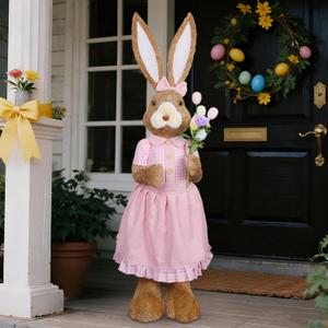 DR.DUDU 2.7FT Large Easter Bunny Decor – Outdoor Easter Decorations for Porch & Home, Straw Standing Rabbit Statue with Basket Eggs, Farmhouse Spring Decor, Entryways Photo Props (Girl)