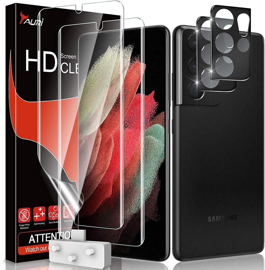 TAURI [Designed for Samsung Galaxy S21 Ultra 5G, 2 Pack Flexible TPU Screen Protector + Camera Lens Protector, Support Fingerprint Unlock, Easy Installation, Bubble Free] (Clear)