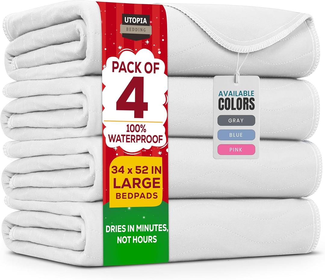 Utopia Bedding Washable Underpads 34" x 52" (Pack of 4), Waterproof Reusable Heavy Absorbency Incontinence Bed Pads for Adults, Kids, Elderly and Pets, Bedwetting Pads for Sofa and Couch (White)