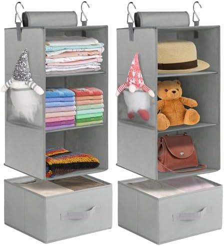 punemi 3-Shelf Hanging Closet Organizer, 2 Pack Closet Hanging Organizer with Drawers, Foldable Hanging Closet Shelves for Rv, Camper, Locker, 22.8" D x 11" W x 11" H, Grey