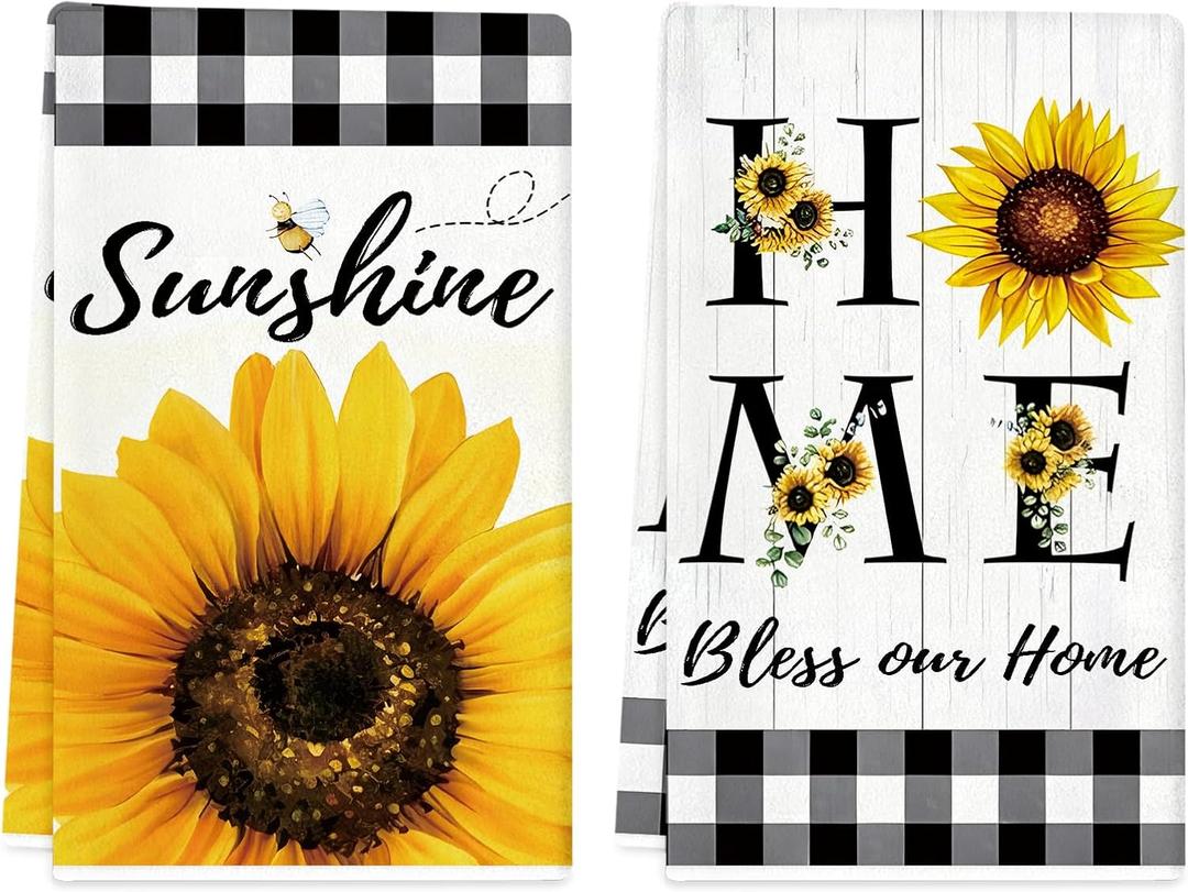 TAJWE Spring Kitchen Towels 18x26 Inch Set of 2 Sunflower Floral Sunshine Buffalo Plaid Dish Towels Farmhouse Summer Holiday Absorbent Decorative Grid Hand Towels for Kitchen Bathroom Home Decoration