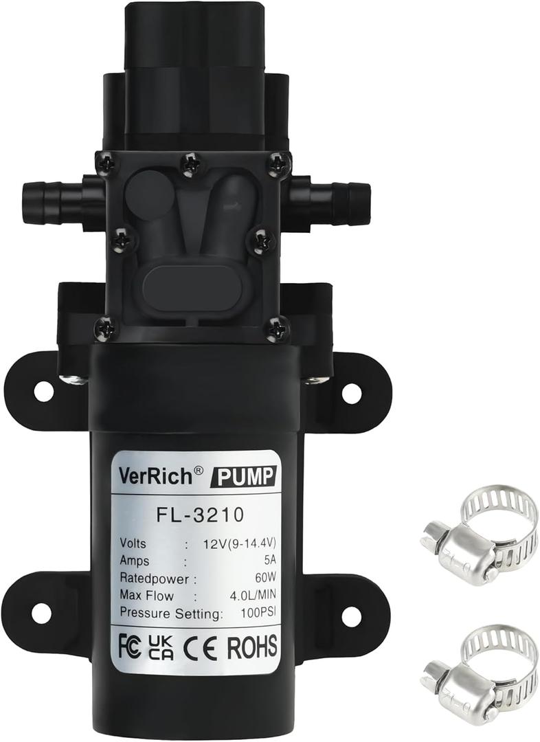 VerRich DC 12V Water Pump 116PSI 8 Bar Diaphragm Pump with Pressure Switch 4L/Min 1GPM High Pressure Pump 3/8" 10mm Connector with 2 Adjustable Hose Clamp for Water taps,Motorhome,Caravan