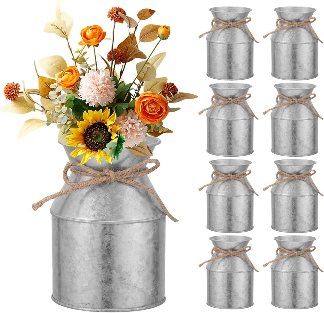 Galvanized Metal Flower Vase Set of 8-5.12 Inch Farmhouse Rustic Milk Can Jug Vase with Twine Bow, Floral Buckets for Wedding Table Centerpiece, Home Dining Room Decor (Rustic, 8)