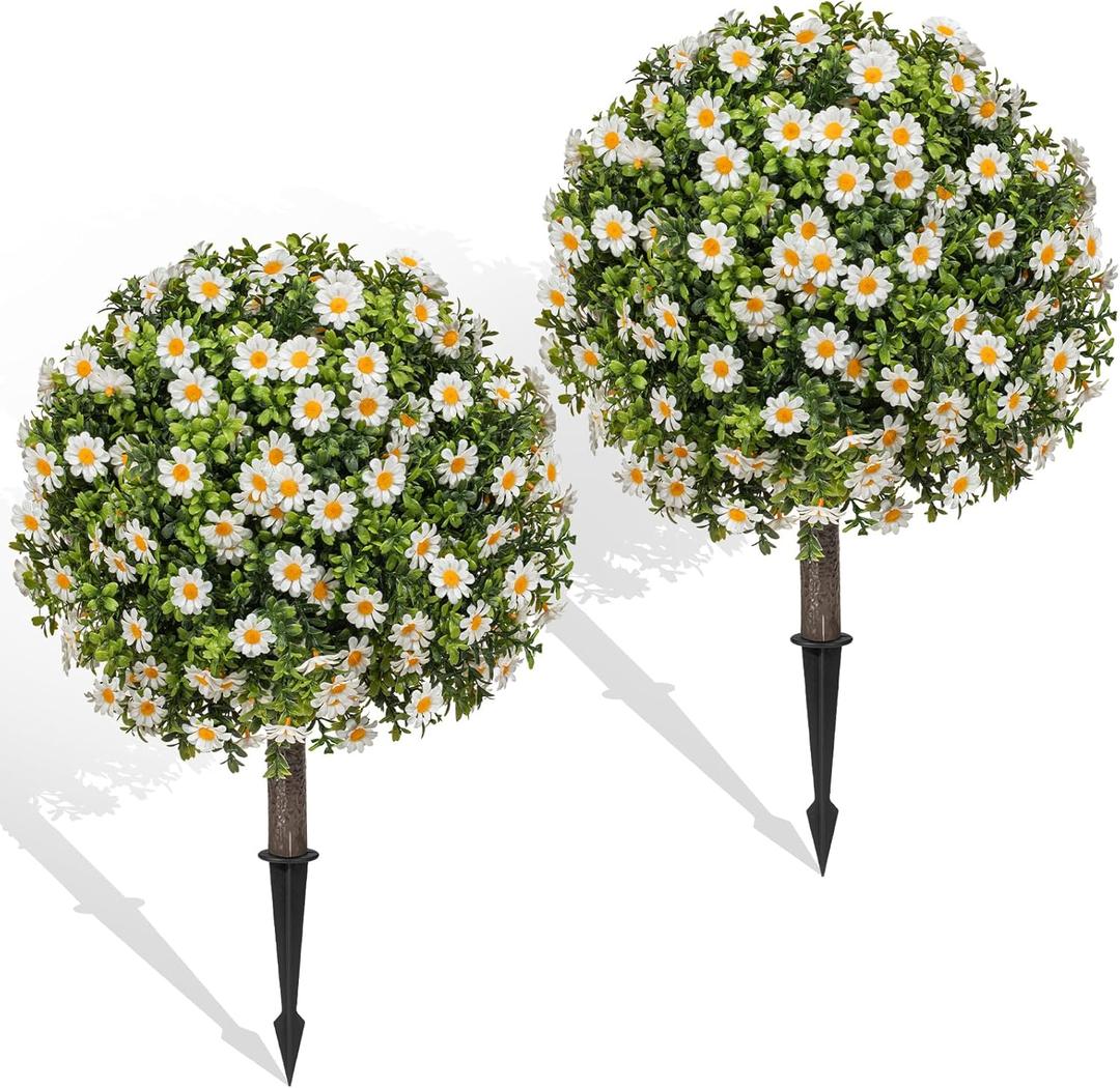 Set of 2 Artificial Topiary Ball Trees with White Mum, Faux Boxwoods for Outdoor Planters with Ground Spike, UV Resistant Artificial Outdoor Plants for Porch, Fake Bushes Round Shrub