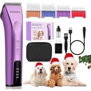 Professional Animal Pet Dog Cat and Horse Cordless Hair Clipper Grooming Kit with 5 in 1 Blade Low Noise & High Power Rechargeable Cordless Pet Grooming Clipper for Thick Heavy Coats -Purple